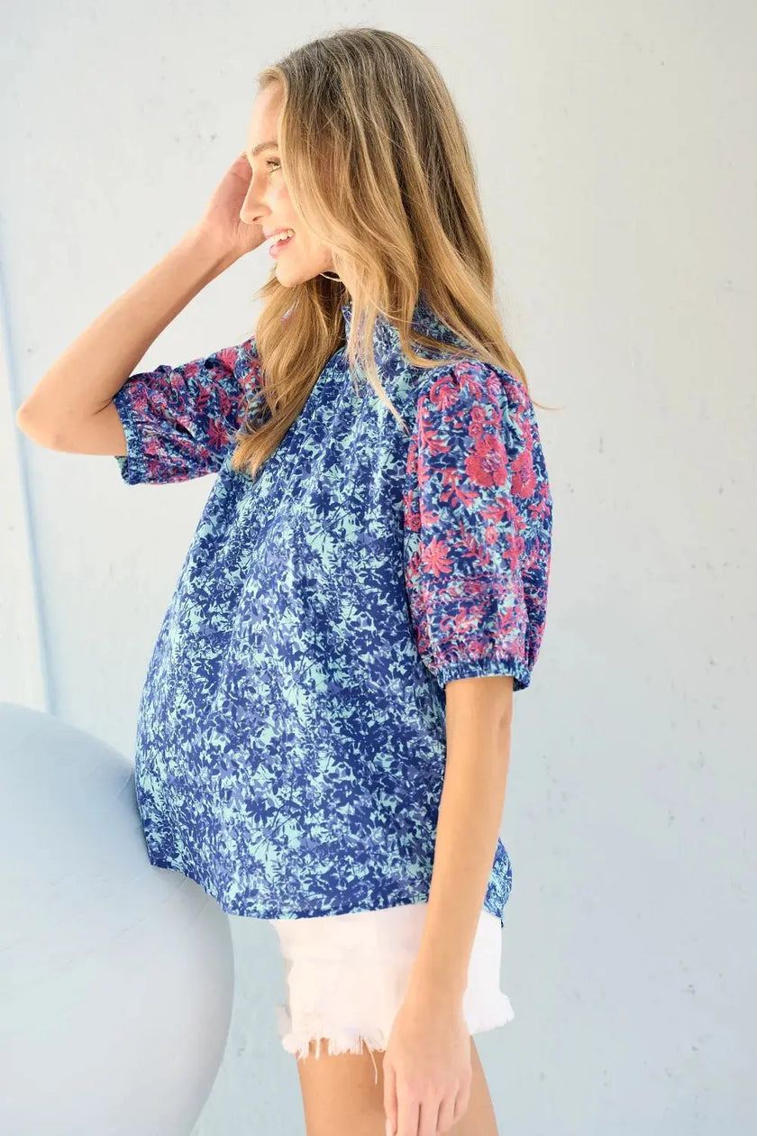 Hailey & Co Embroidered Puff Sleeve Printed Blouse  Style Ratio