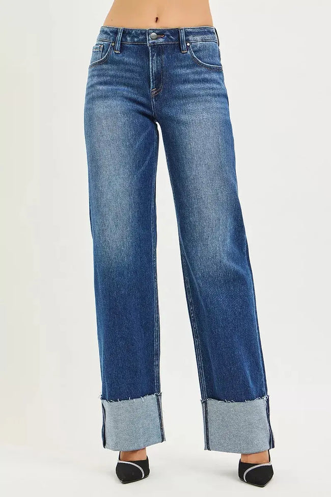 RISEN Mid Rise Wide Straight Jeans With Wide Cuff  Style Ratio