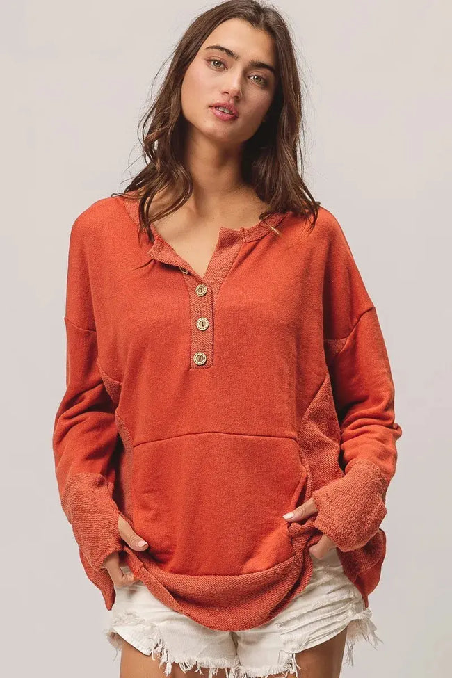 BiBi French Terry Knit Side Block Buttoned Henley Sweatshirt  Style Ratio