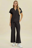 Double Take Collared Neck Short Sleeve Top and Pants Set  Style Ratio