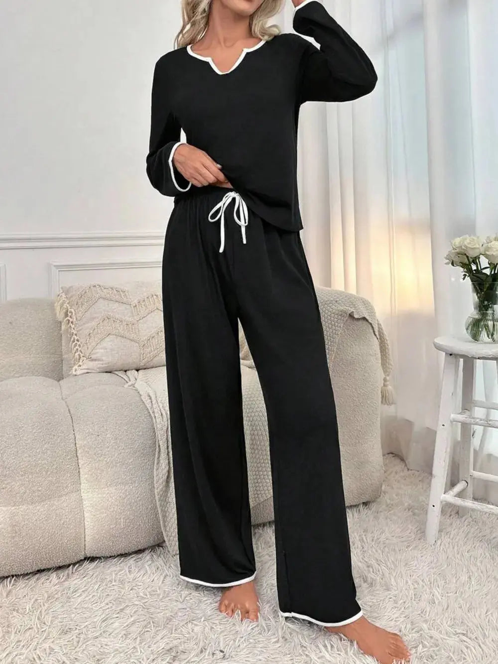 Contrast Trim Notched Long Sleeve Top and Pants Lounge Set  Style Ratio