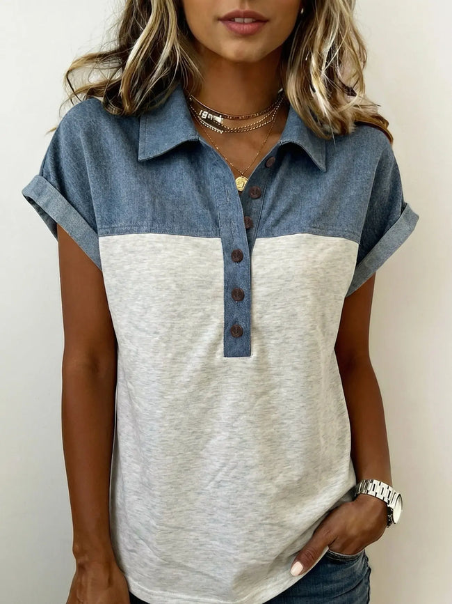 Color Block Denim Patchwork Button Polo Collar Short Sleeve Top  Style Ratio