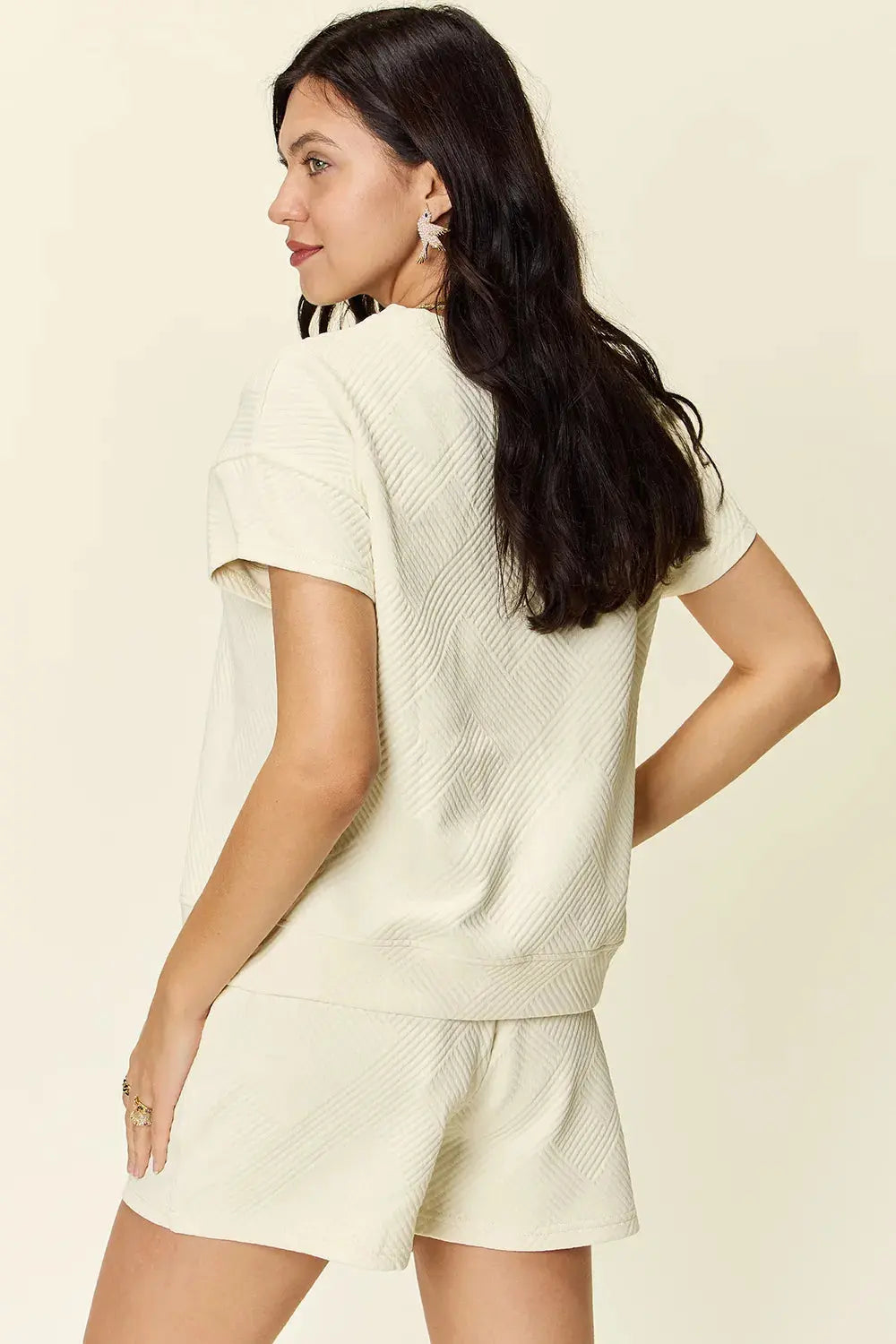 Double Take Full Size Texture Short Sleeve T-Shirt and Drawstring Shorts Set  Style Ratio