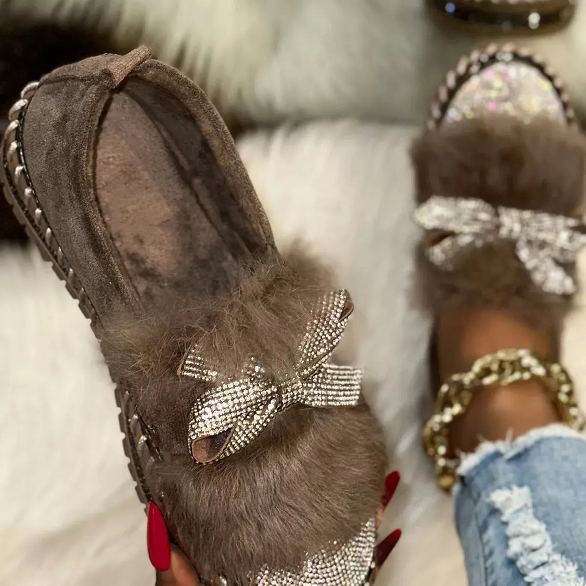 Fuzzy Bowknot Rhinestone Platform Loafers  Style Ratio