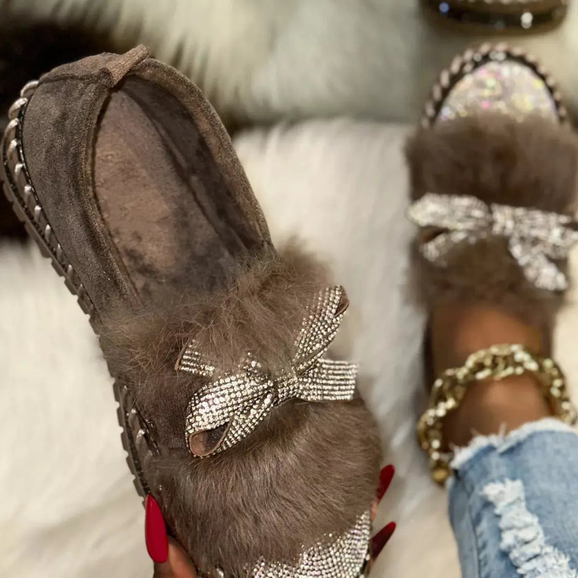 Fuzzy Bowknot Rhinestone Platform Loafers  Style Ratio