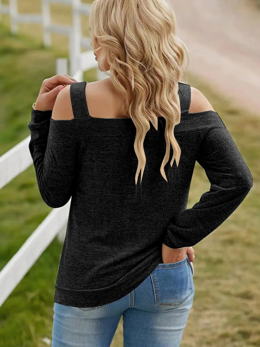 Full Size Cutout Shoulder Long Sleeve Shirt  Style Ratio