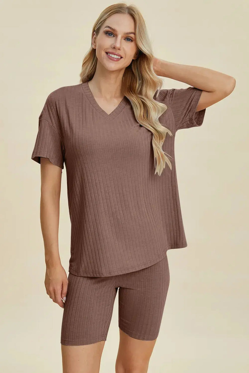 Basic Bae Full Size Ribbed V-Neck Short Sleeve Top and Shorts Loungewear  Style Ratio