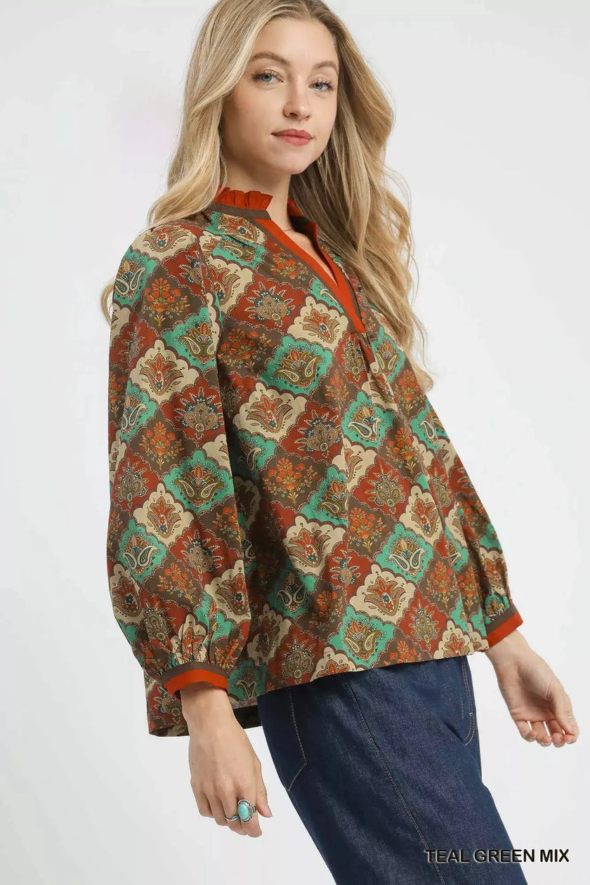 Umgee Abstract Print Ruffle Neck Blouse  Style Ratio