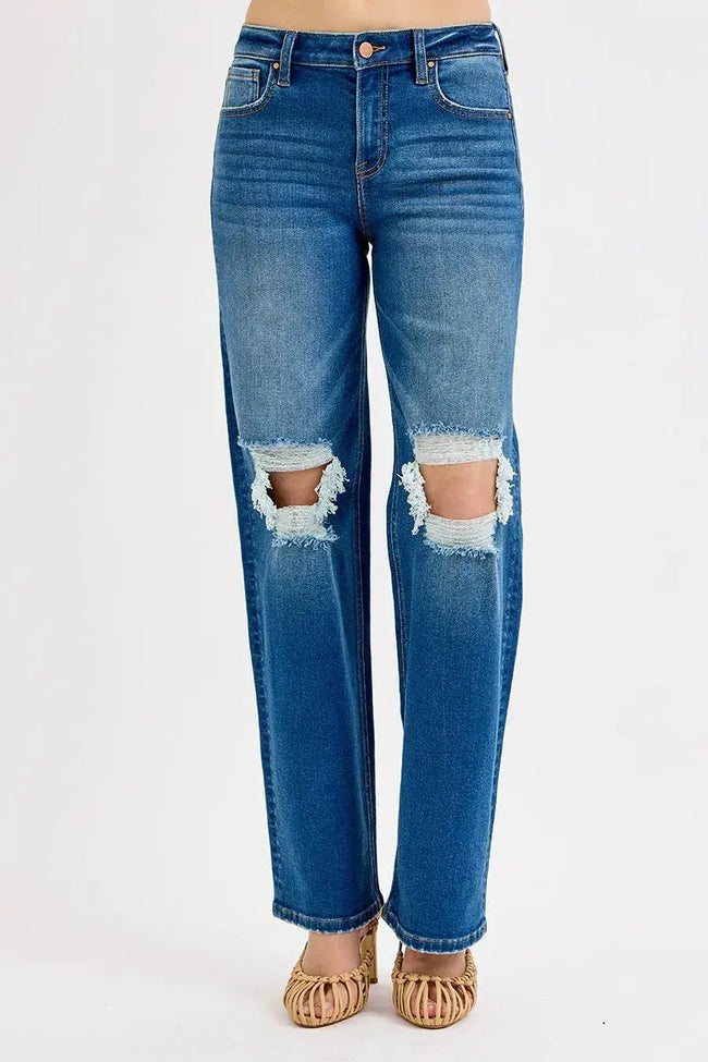 RISEN Full Size Mid Waist Fit Boyfriend Knee Distressed Jeans  Style Ratio