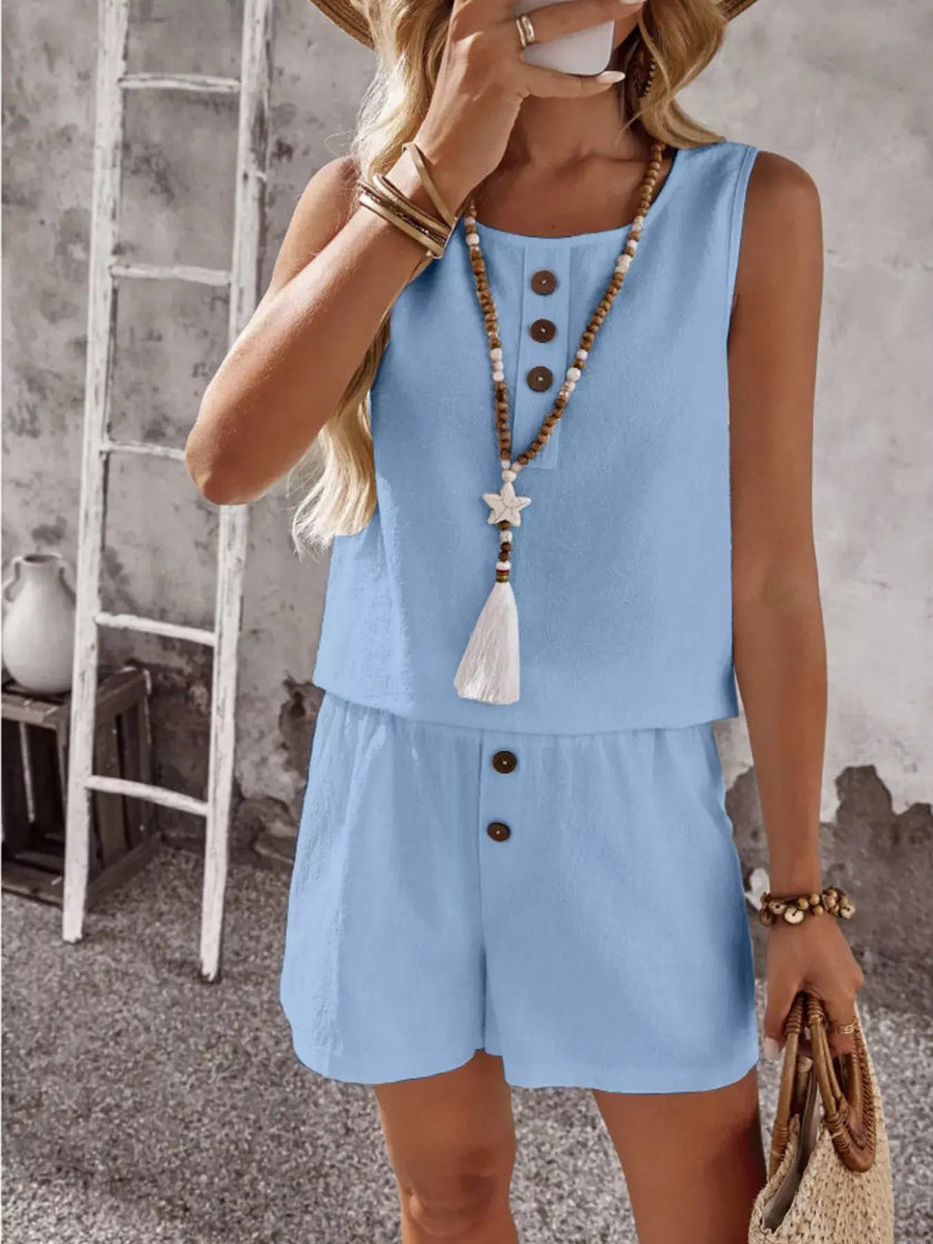 Decor Button Round Neck Tank and Shorts Set  Style Ratio