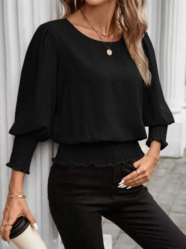 Smocked Waist Round Neck Blouse  Style Ratio