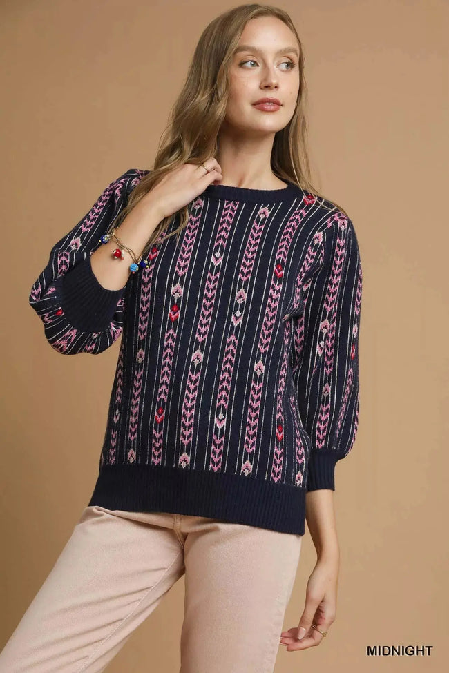 Umgee Jacquard Knit Puff Sleeve Sweater  Style Ratio