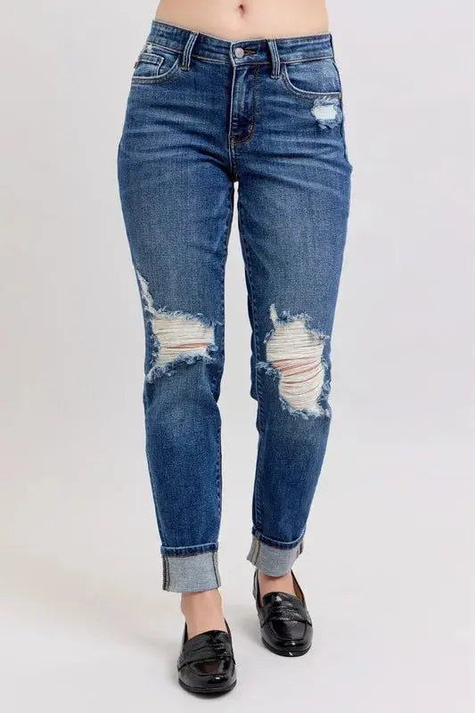 Judy Blue Full Size Mid Rise Boyfriend destroy Jeans with Yoke Pockets  Style Ratio