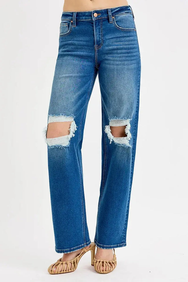 RISEN Full Size Mid Waist Fit Boyfriend Knee Distressed Jeans  Style Ratio