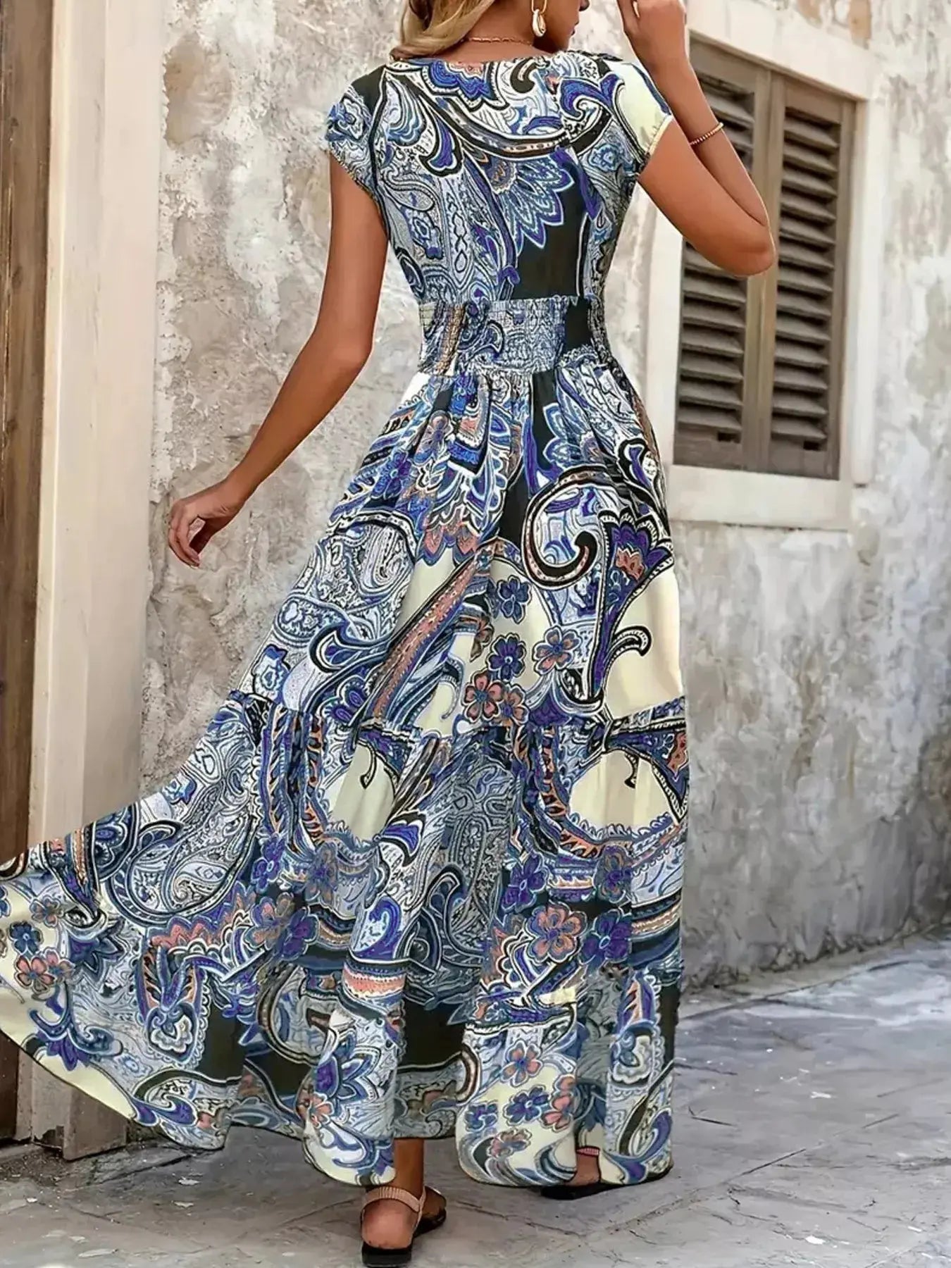 Printed V-Neck Cap Sleeve Maxi Dress  Style Ratio