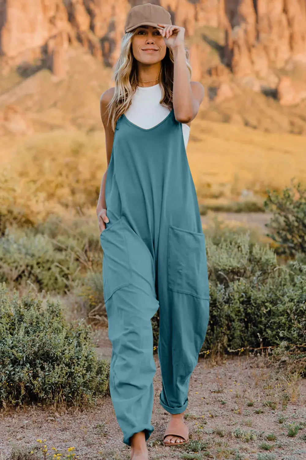 Double Take V Neck Sleeveless Jumpsuit with Pockets  Style Ratio