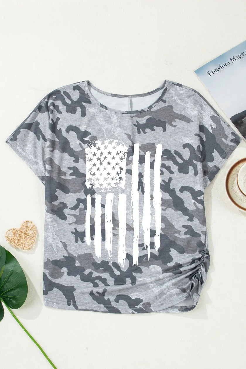 Camouflage Retro American Flag Printed Short Sleeve Shirt  Style Ratio