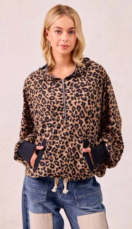 BiBi Leopard Print Waffle Half Zip Up Hoodie W Pocket  Style Ratio