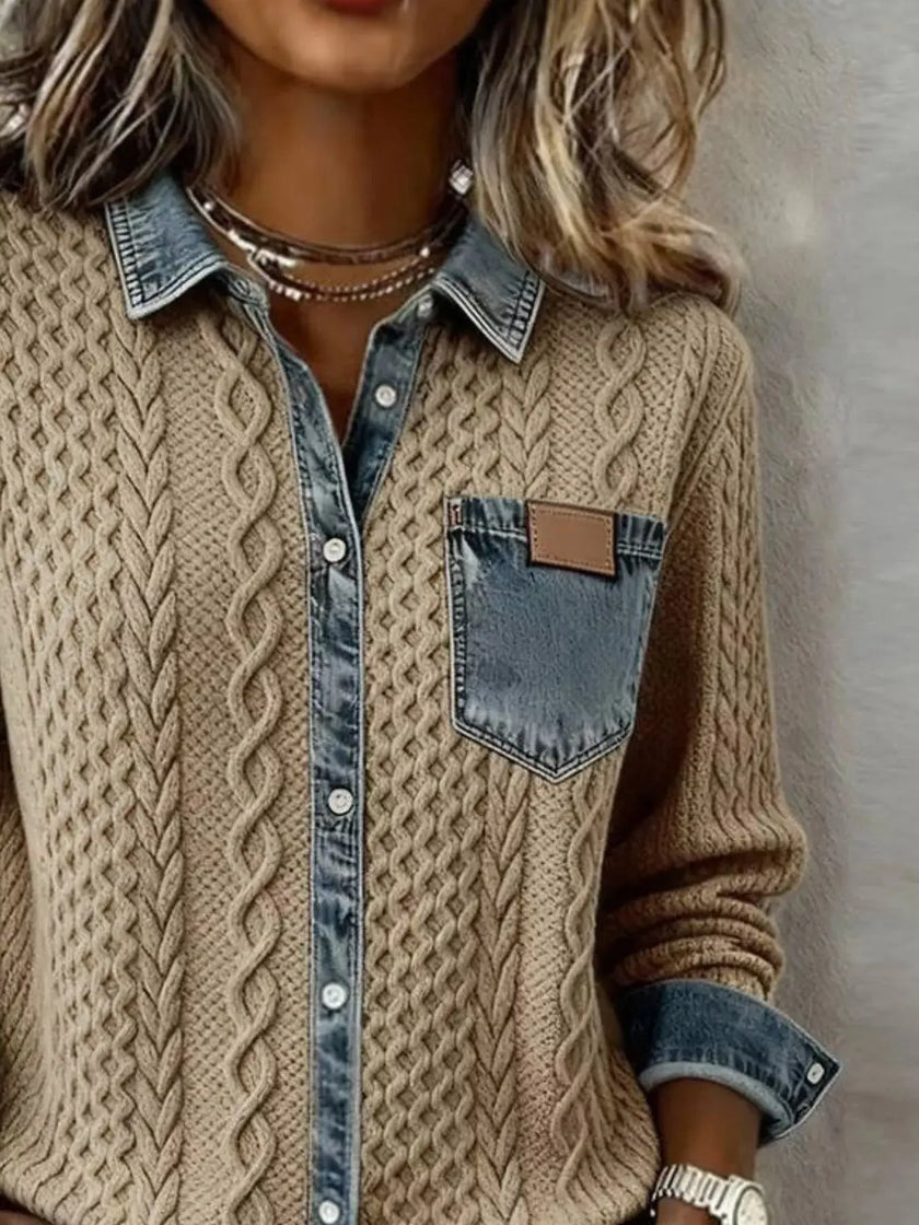 Denim Trim Cable Knit Top  Style Ratio