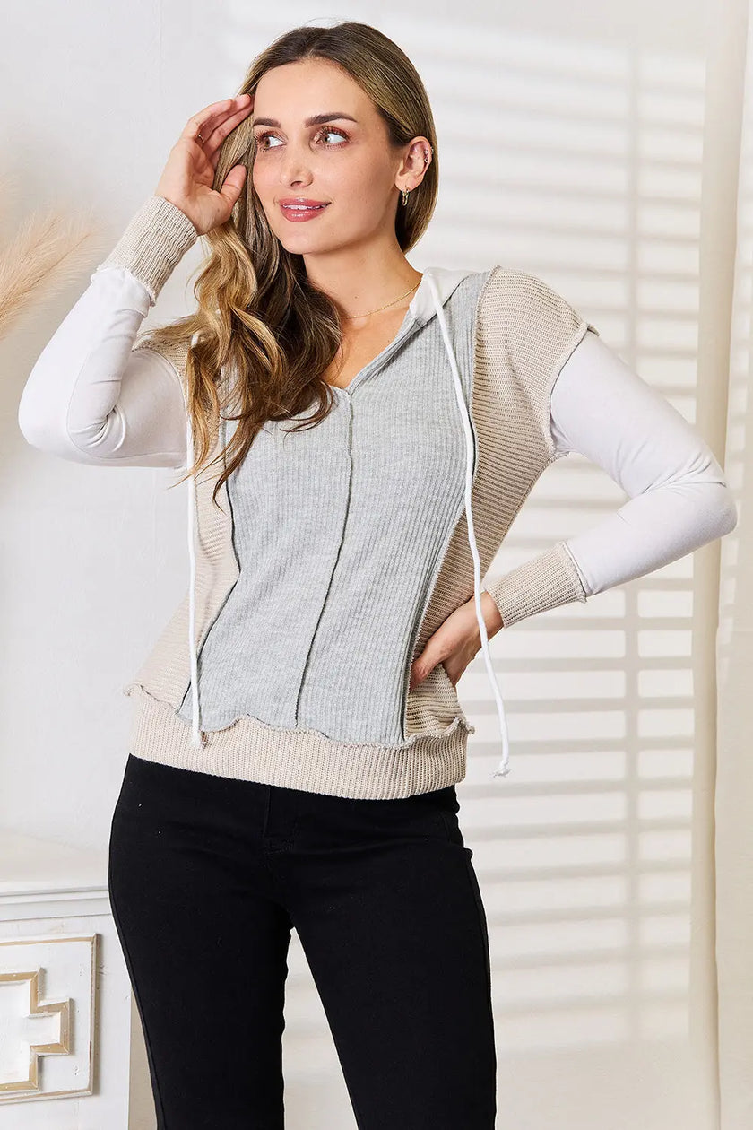 Double Take Color Block Exposed Seam Drawstring Hoodie  Style Ratio