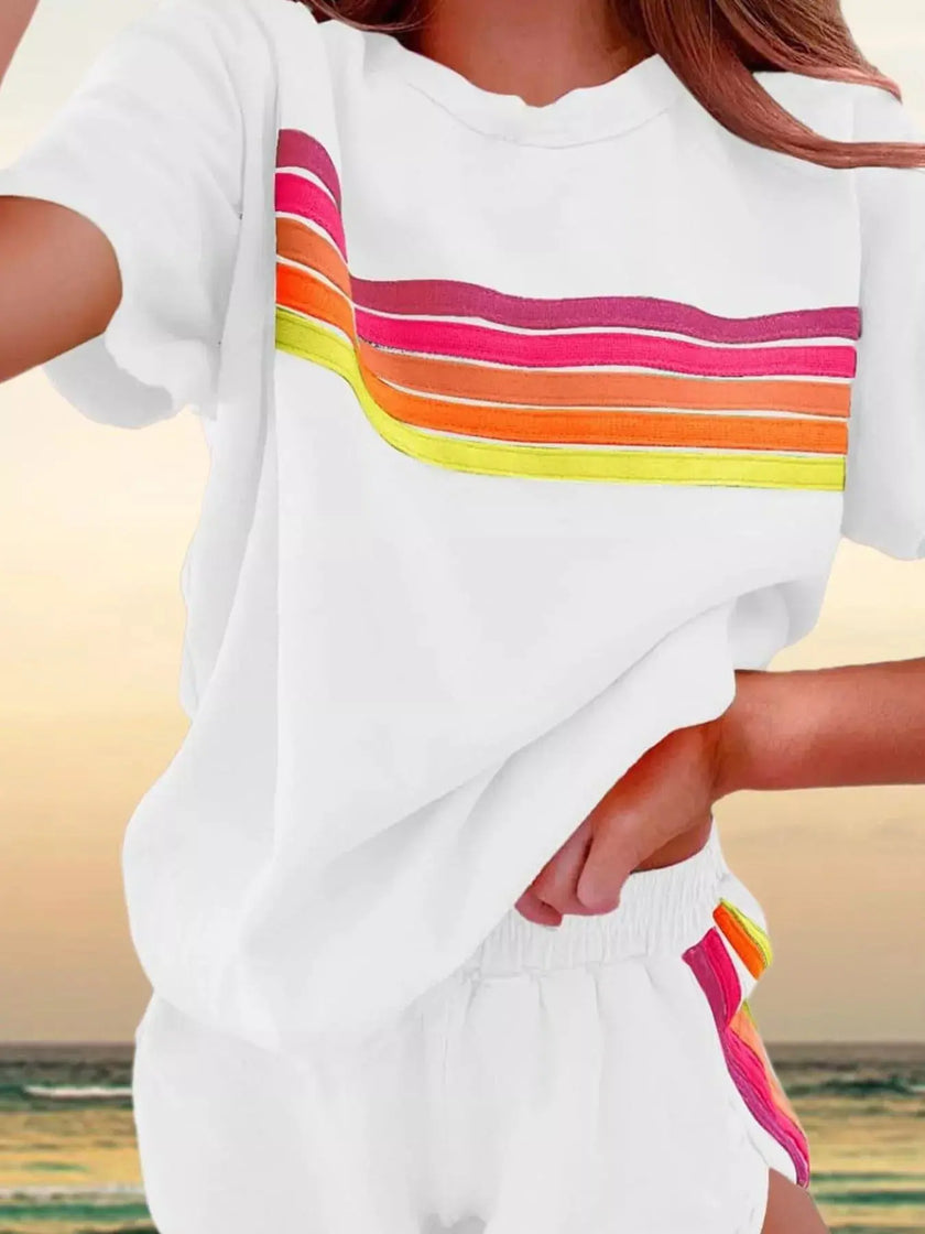 Rainbow Striped Round Neck Top and Shorts Set  Style Ratio