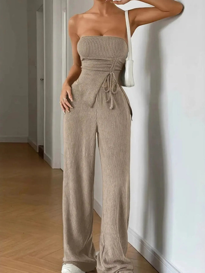 Ribbed Knit Tube Top and Wide Leg Pants Set  Style Ratio