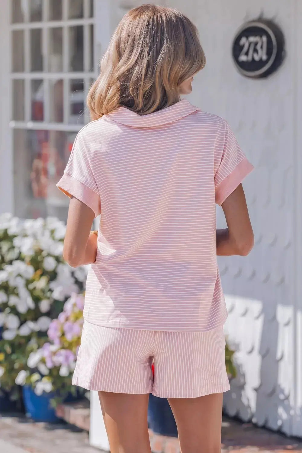 Stripe Dolman Sleeve Polo Shirt and Drawstring Shorts Set  Style Ratio