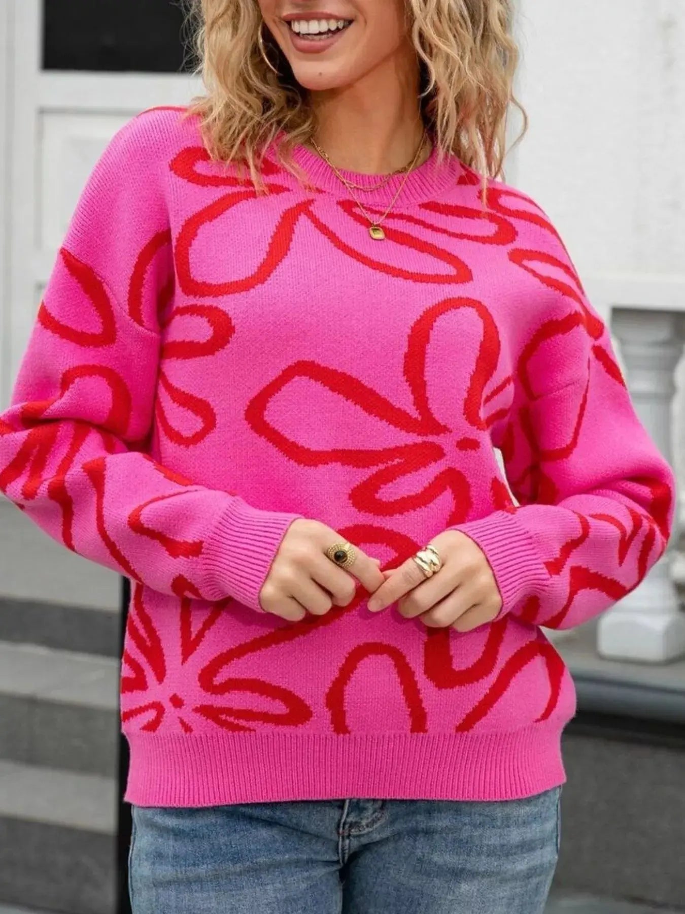Flower Crew Neck Long Sleeve Sweater  Style Ratio