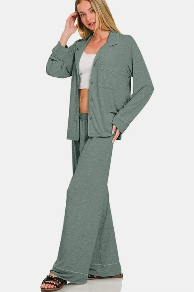 Zenana Button Down Long Sleeve Top and Pants Lounge Set  Style Ratio