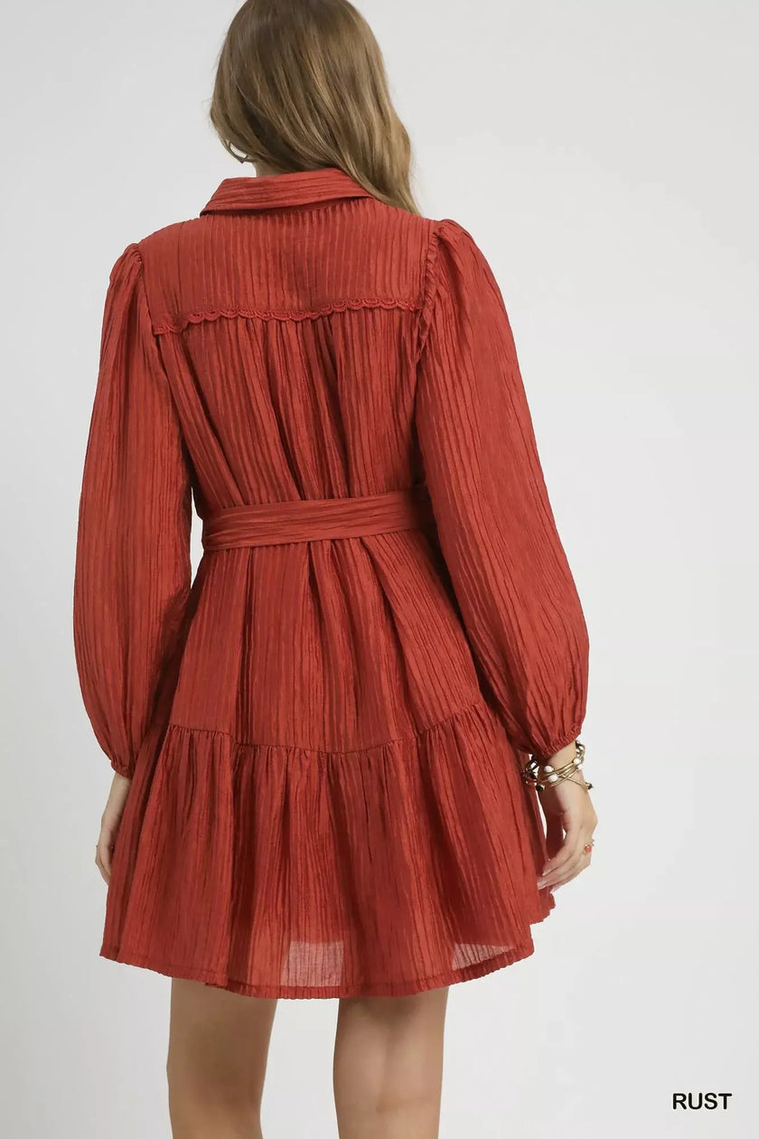 Umgee Crinkle Button-Front Tiered Mini Dress with Waist Tie  Style Ratio