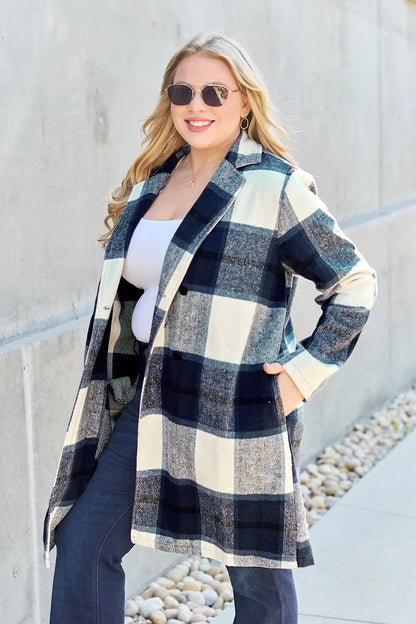 Double Take Plaid Button Up Lapel Collar Coat Trendsi