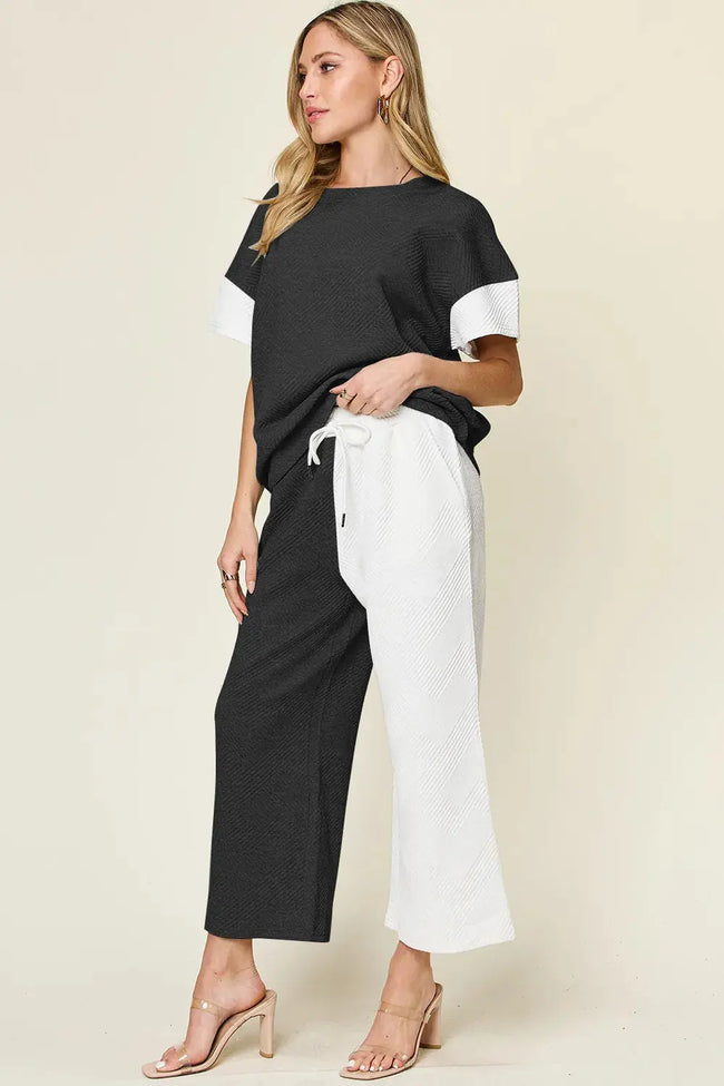 Double Take Contrast Shirt and Wide Leg Pants Set  Style Ratio