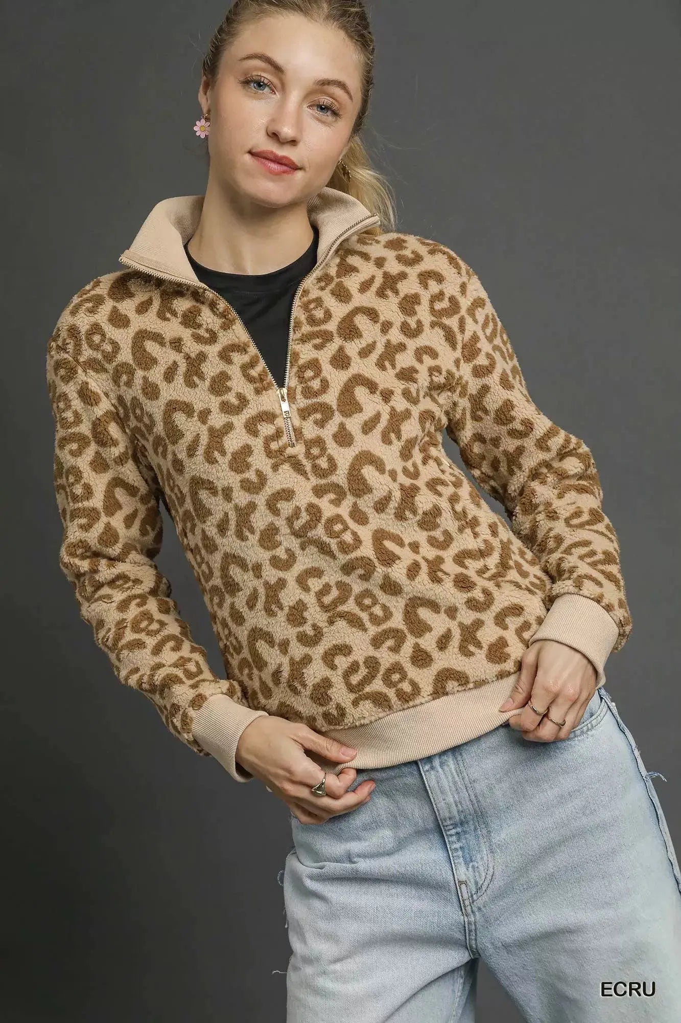 Umgee Leopard Print Quarter-Zip Sweatshirt  Style Ratio