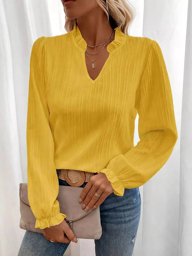 Ruffle Notched Long Sleeve Blouse  Style Ratio