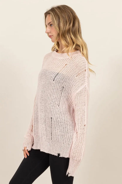 HYFVE Distressed Long Sleeve Knit Sweater Trendsi