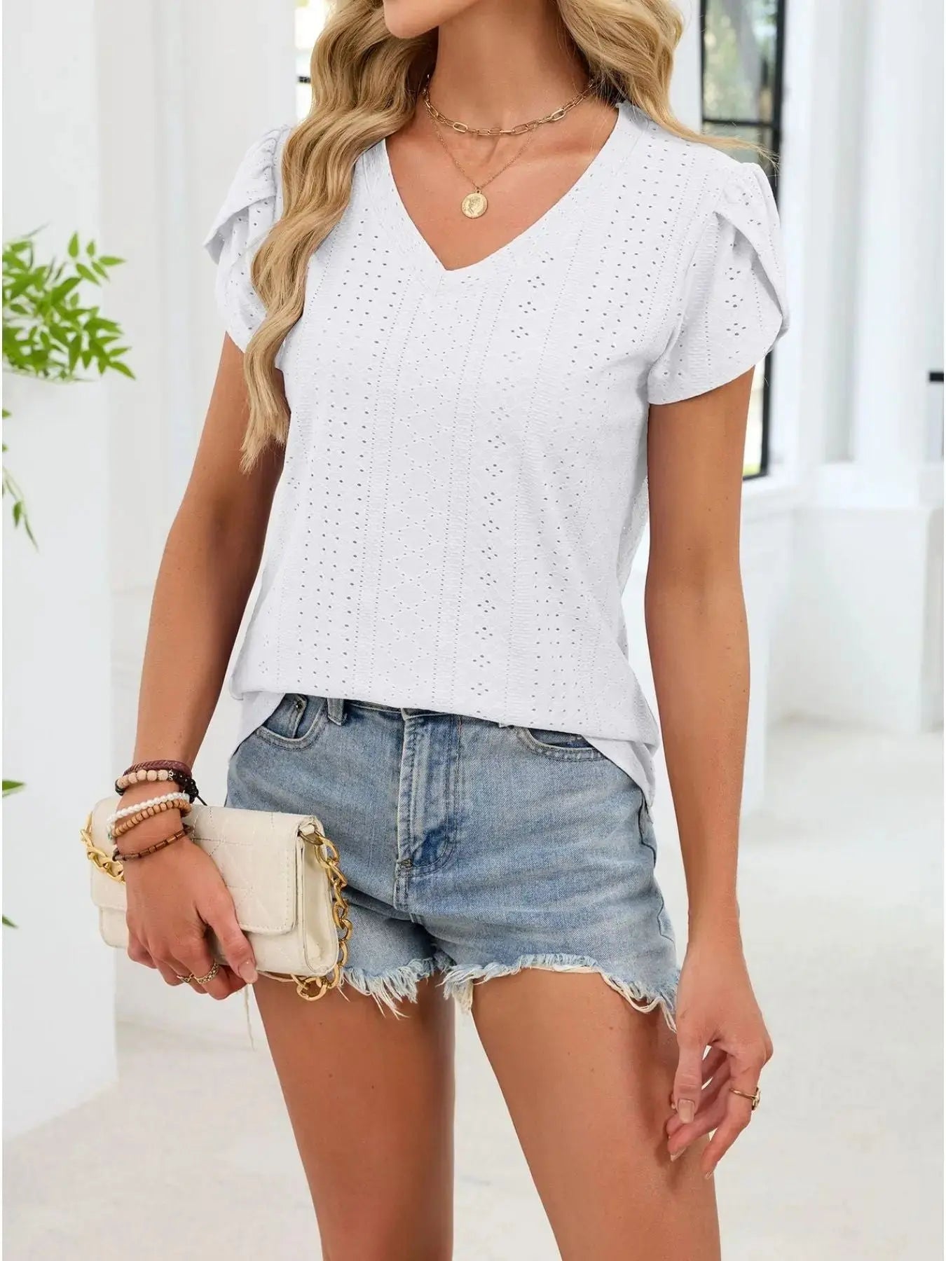 Eyelet Petal Sleeve V Neck Shirt  Style Ratio