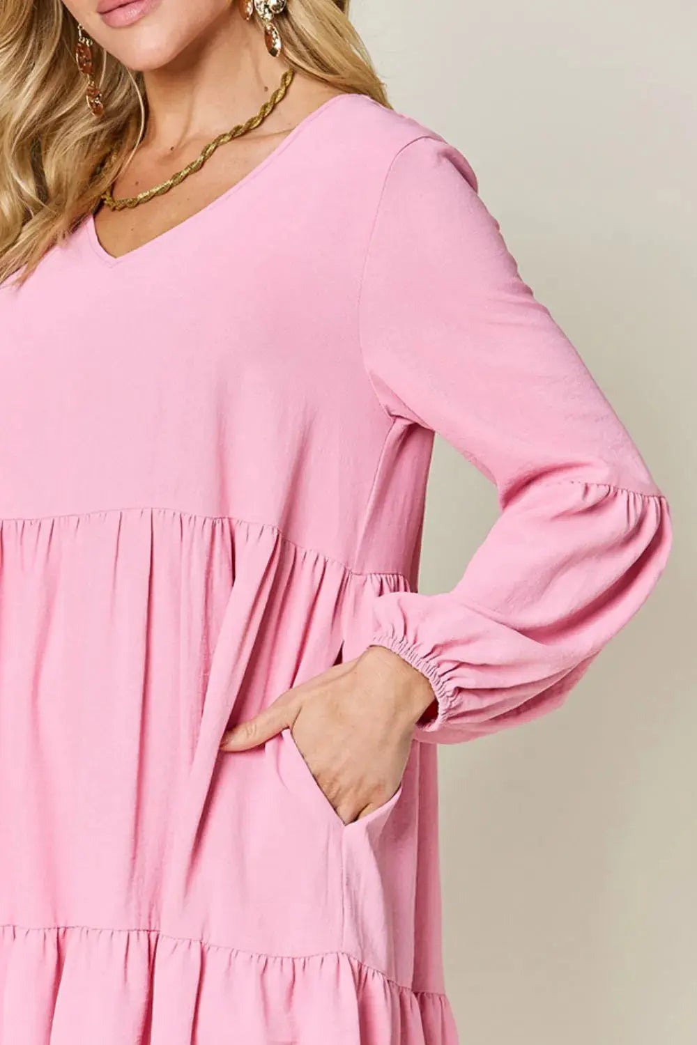 Double Take Full Size V-Neck Balloon Sleeve Tiered Dress with Pockets  Style Ratio