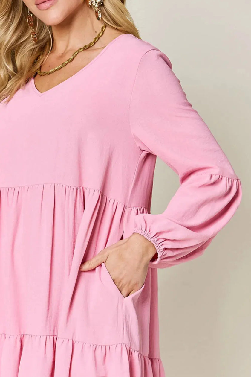 Double Take Full Size V-Neck Balloon Sleeve Tiered Dress with Pockets  Style Ratio