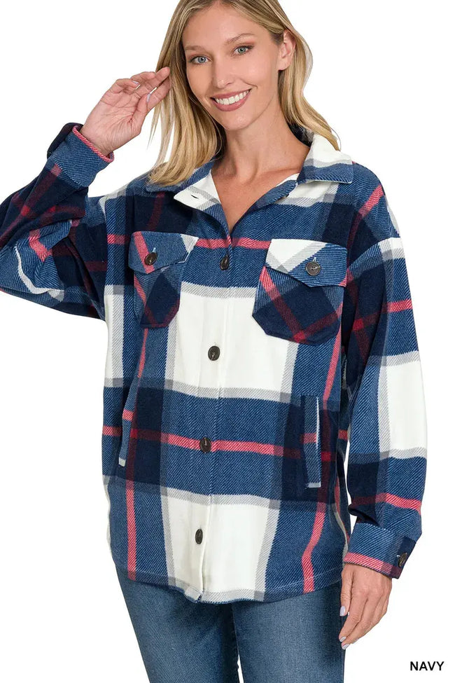 Zenana Oversized Plaid Fleece Shacket  Style Ratio