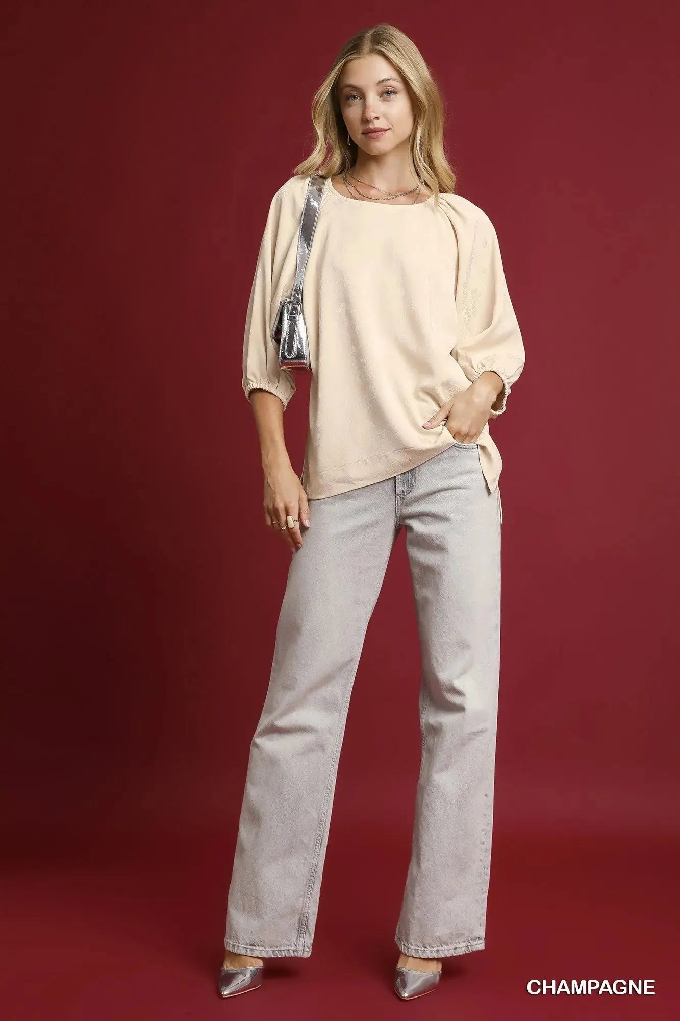 Umgee Satin Jacquard Balloon Sleeve Blouse  Style Ratio