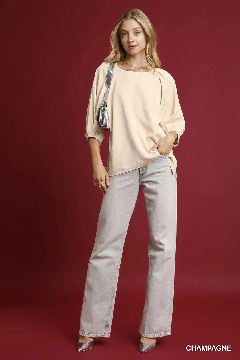 Umgee Satin Jacquard Balloon Sleeve Blouse  Style Ratio