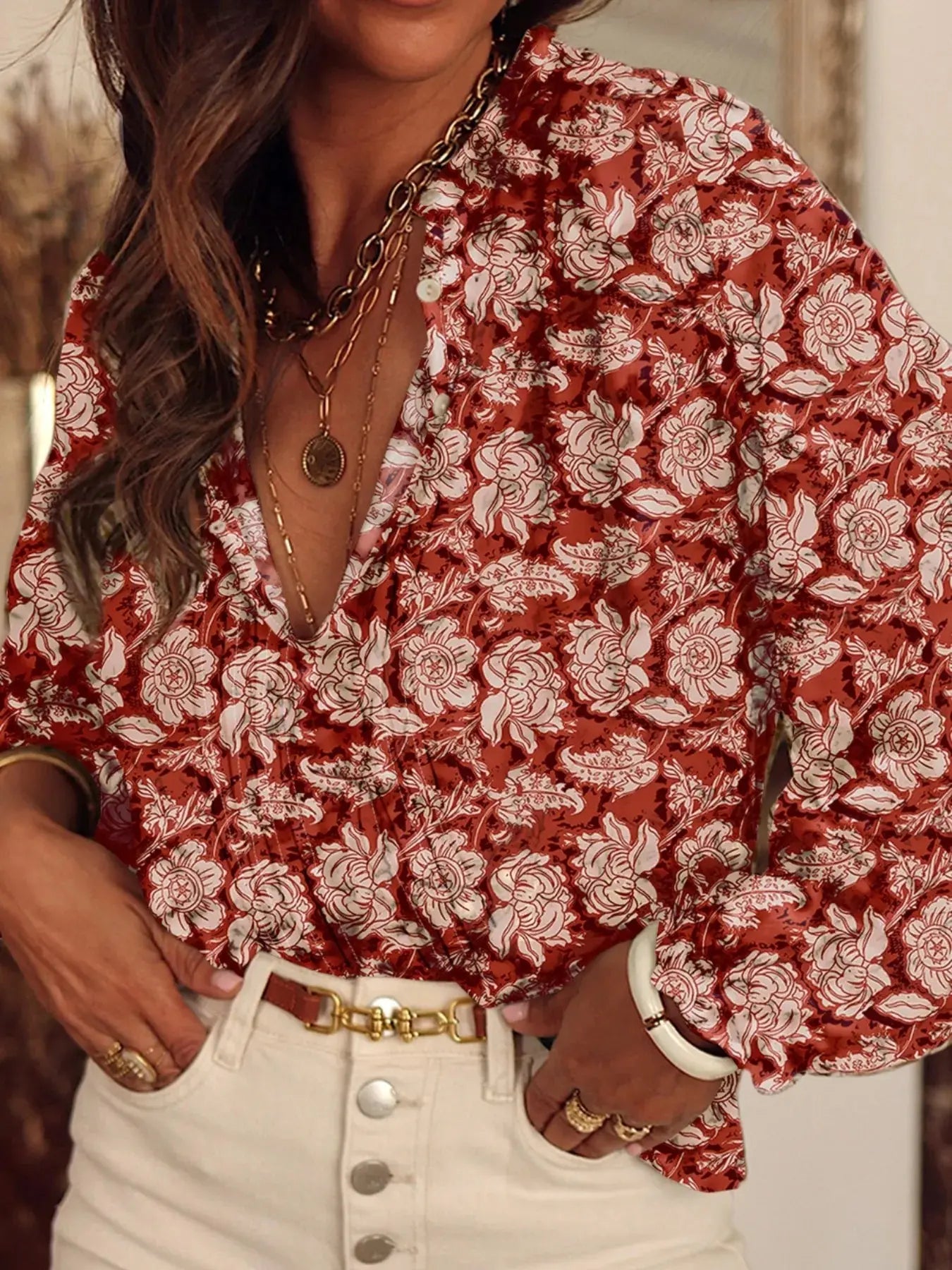 Floral Print Split Neck Pleated Long Sleeve Blouse  Style Ratio