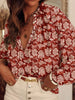Floral Print Split Neck Pleated Long Sleeve Blouse  Style Ratio