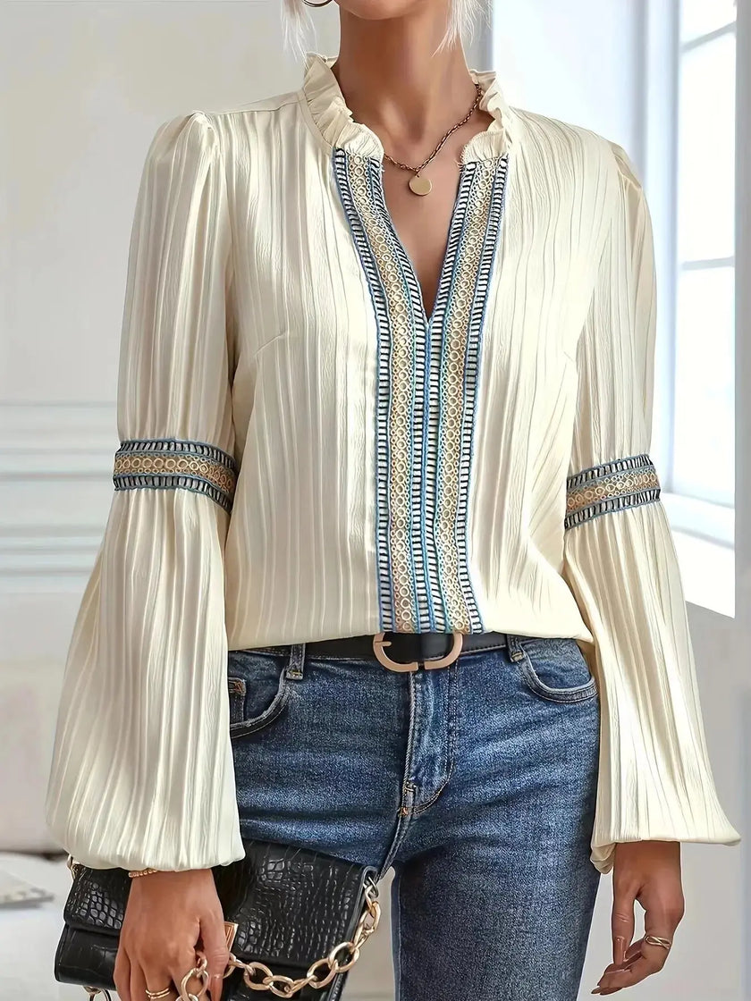 Notched Textured Balloon Sleeve Blouse  Style Ratio