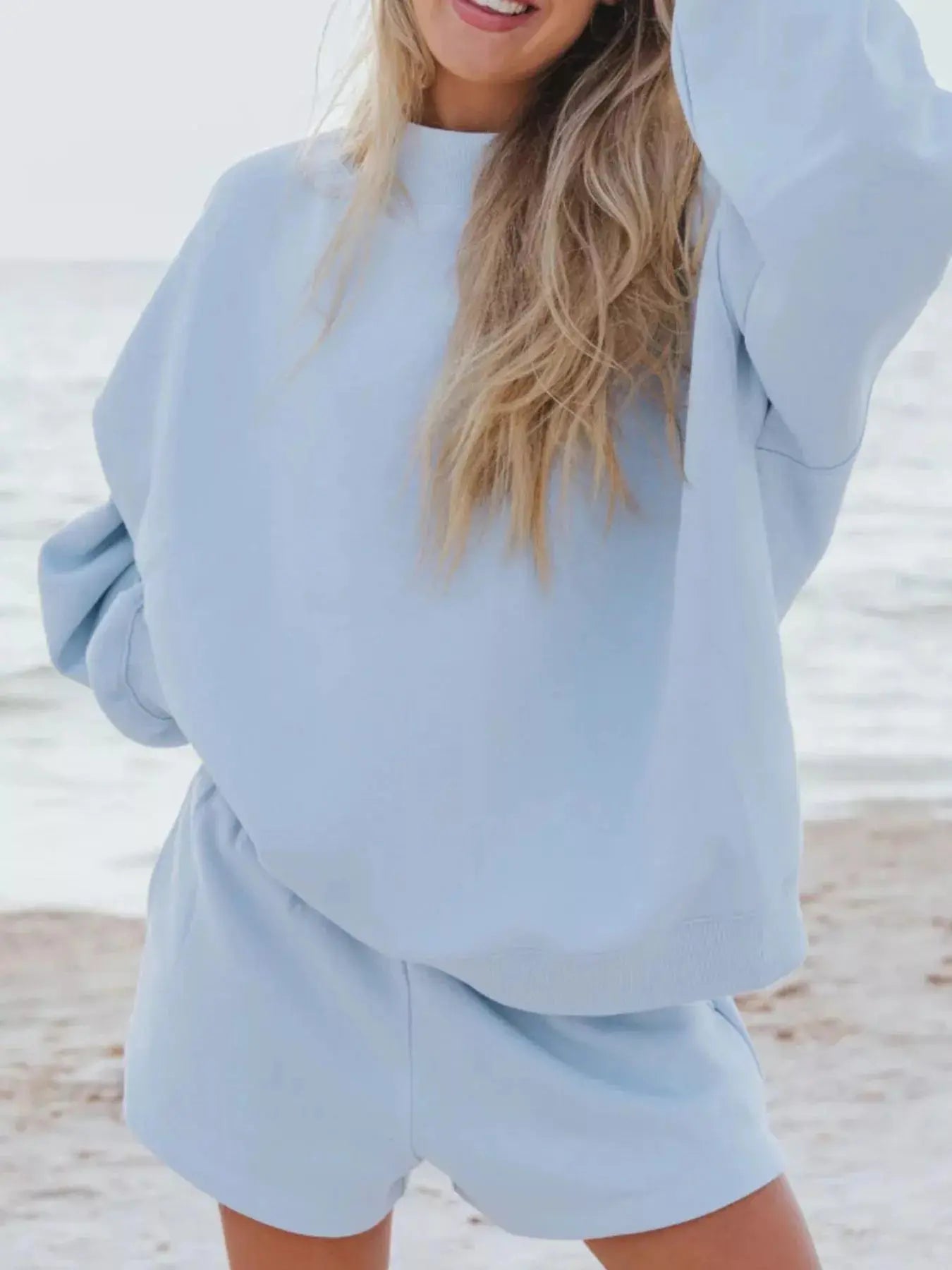 Relaxed Fit Round Neck Sweatshirt and Shorts Set  Style Ratio