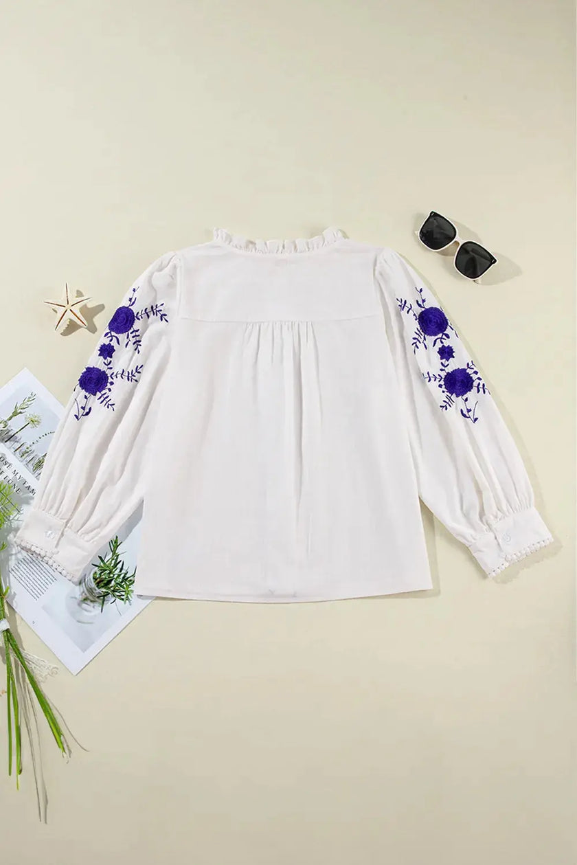 Frill Floral Embroidered Sleeve Blouse  Style Ratio