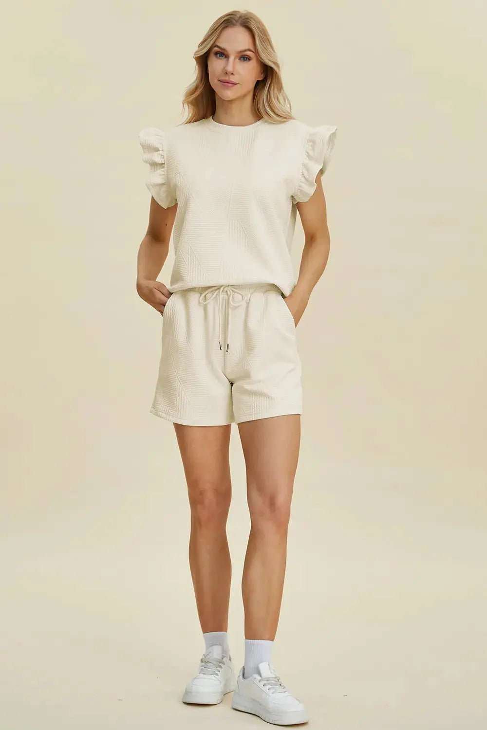 Double Take Full Size Texture Round Neck Ruffle Sleeve Top and Shorts Set  Style Ratio
