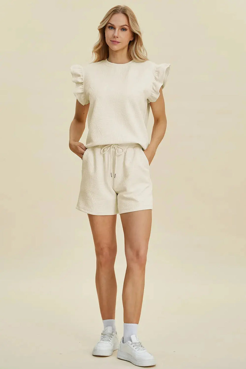 Double Take Full Size Texture Round Neck Ruffle Sleeve Top and Shorts Set  Style Ratio