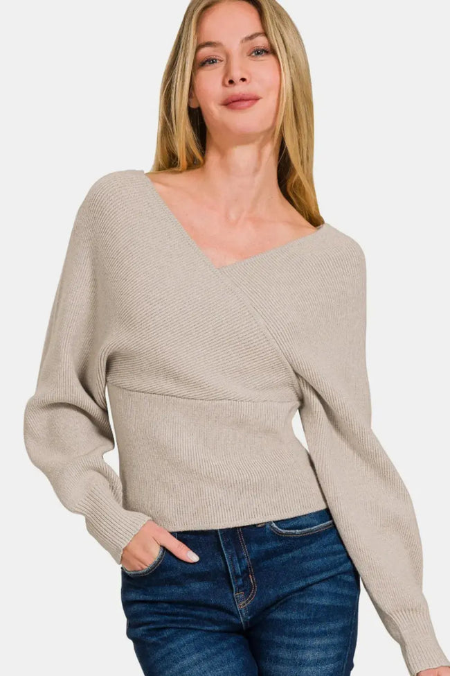 Zenana Cross Wrap Rib Long Sleeve Sweater  Style Ratio