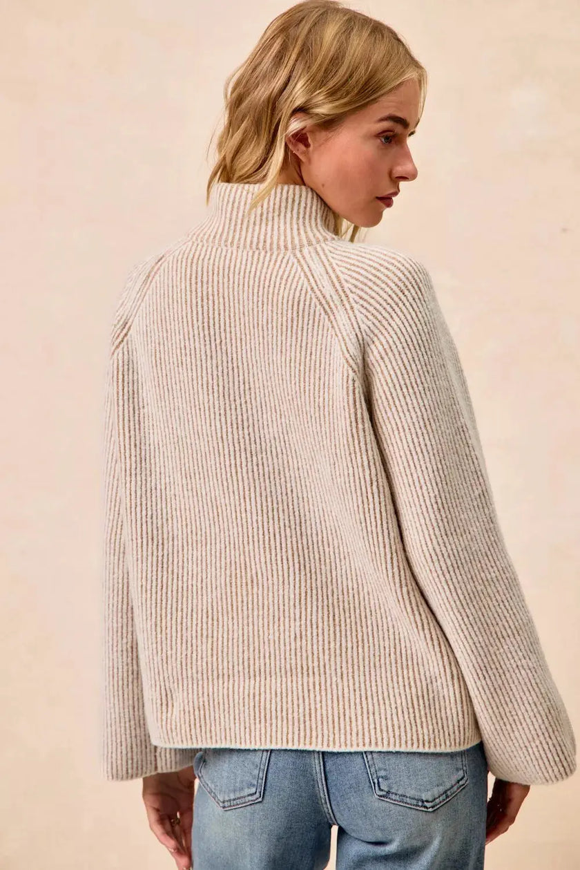 BiBi Two Tone Rib Textured Knit Collared Top with Zip Up  Style Ratio